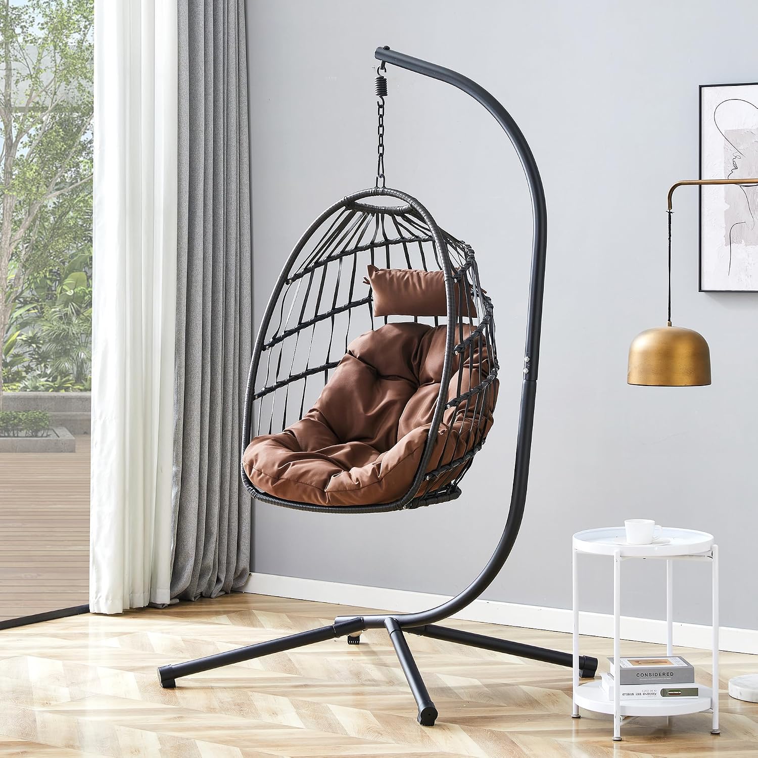 Hanging Egg Chair with Stand, Outdoor Swing Chair with Cushion and Headrest, Rattan Egg Chair for Backyard, Balcony, Indoor, 300lbs Capacity, Black