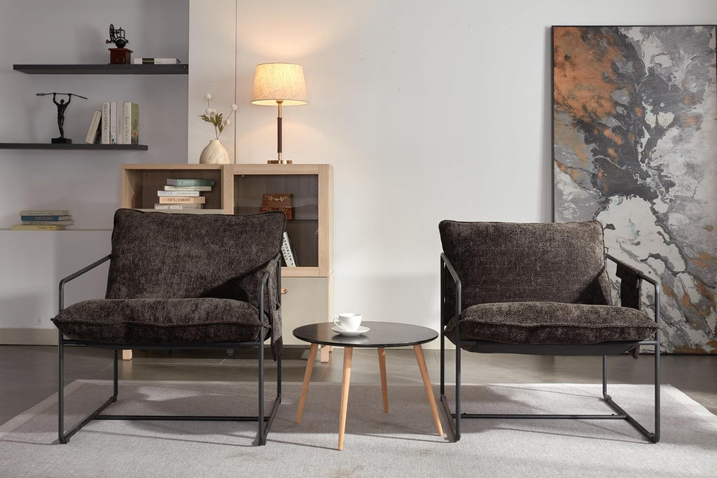 Comfy Sling Accent Chair Set of 2 Upholstered Hanging Armchairs with Pockets Metal Frame Skin-Friendly Fabric Reading Chair for Living Room Bedroom (Dark Grey Cushion & Black Metal Frame)