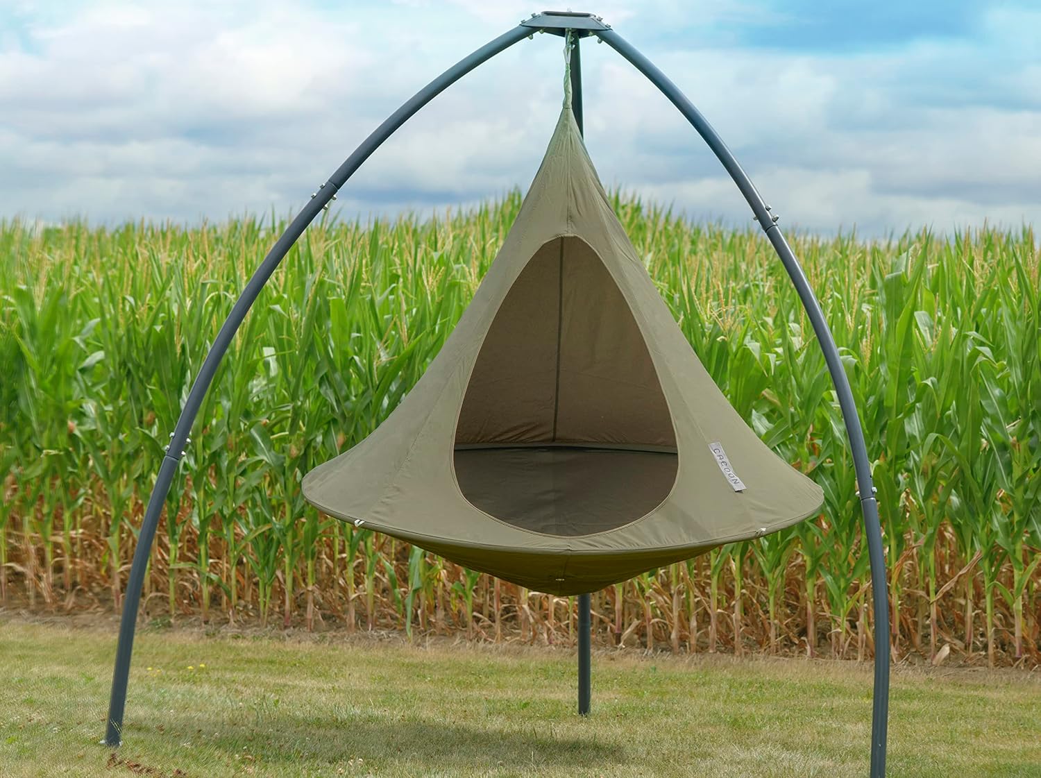Double Cacoon Hanging Chair for Two – Cozy Indoor/Outdoor Hammock with Polyester Canvas, 440 lb Capacity, Includes 18ft Rope & Carabiner (Khaki)