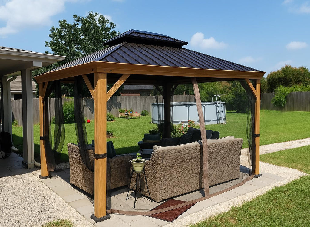 Kozyard Apollo 10'x12' Hardtop Gazebo, Wooden Coated Aluminum Frame Canopy with Galvanized Steel Double Roof, Outdoor Permanent Metal Pavilion with Netting for Patio, Deck and Lawn (10ft x 12ft)
