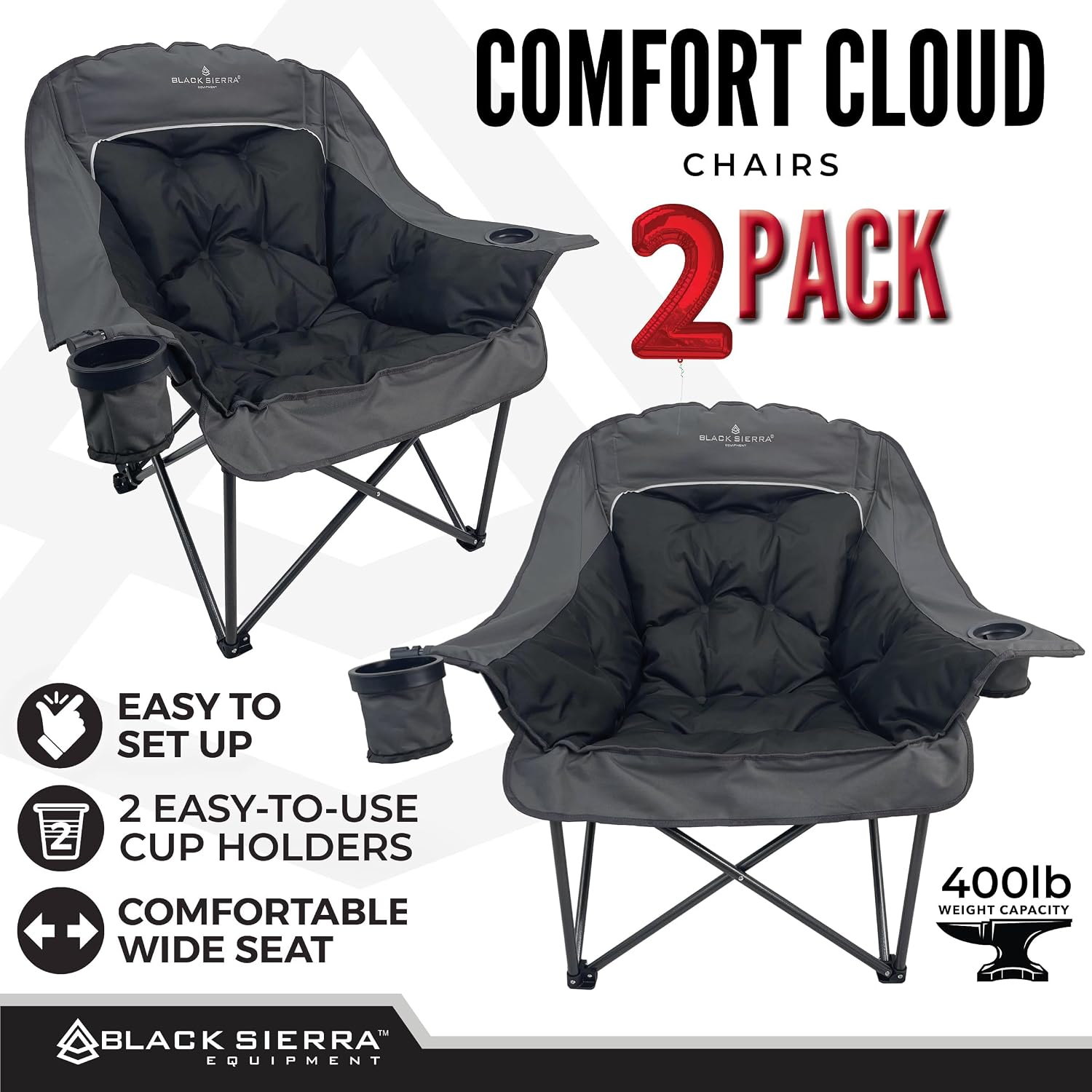 Black Sierra Plush XL Padded Camping Chairs for Adults, 2-Pack Oversized Heavy Duty Folding Seats Supports 400 lbs, Duo Plush Comfort with Cup Holders & Carry Bag for Camping, Tailgating, Patio, RV