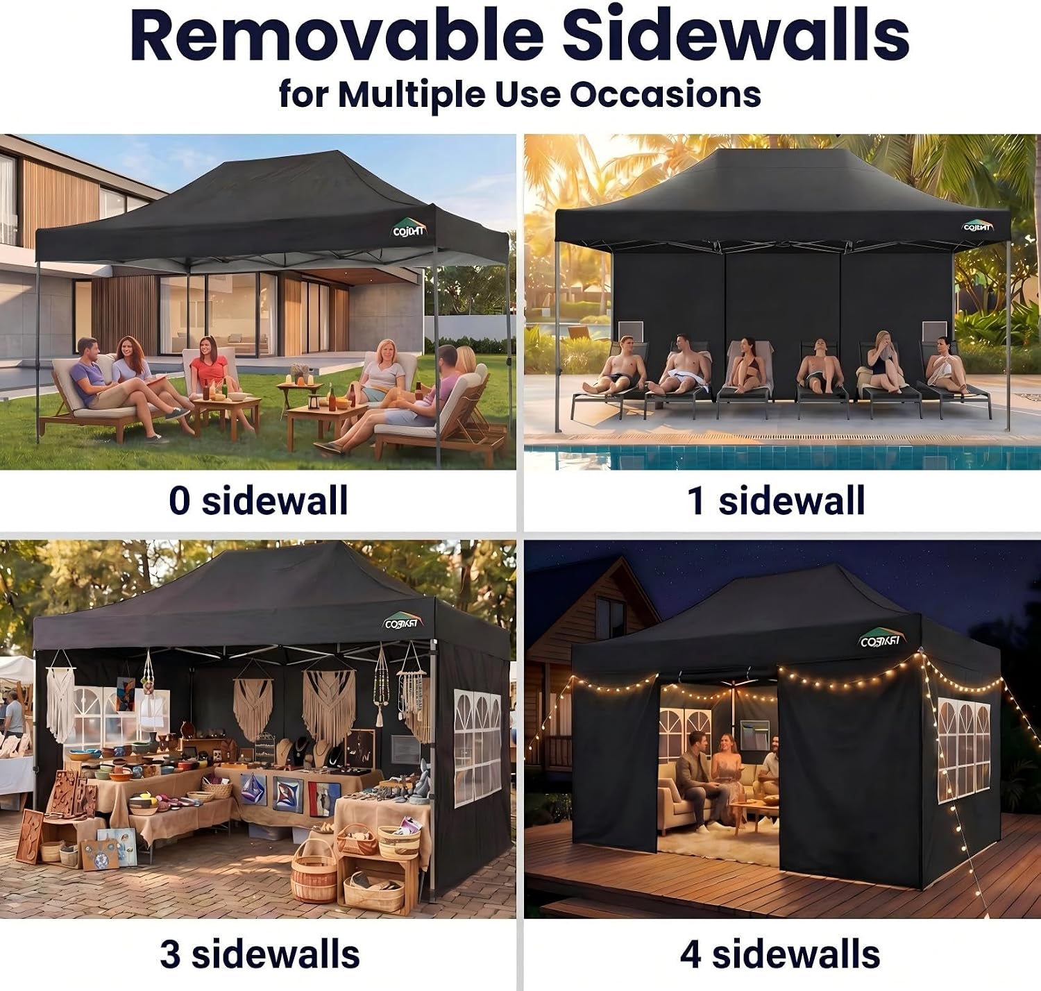 COBIZI 10x15 Pop up Canopy Tent 10x15 Canopy with 4 Sidewalls Waterproof Heavy Duty Commercial for Parties Outdoor Garden Gazebo Tent, Carry Bag(10x15ft, Black)