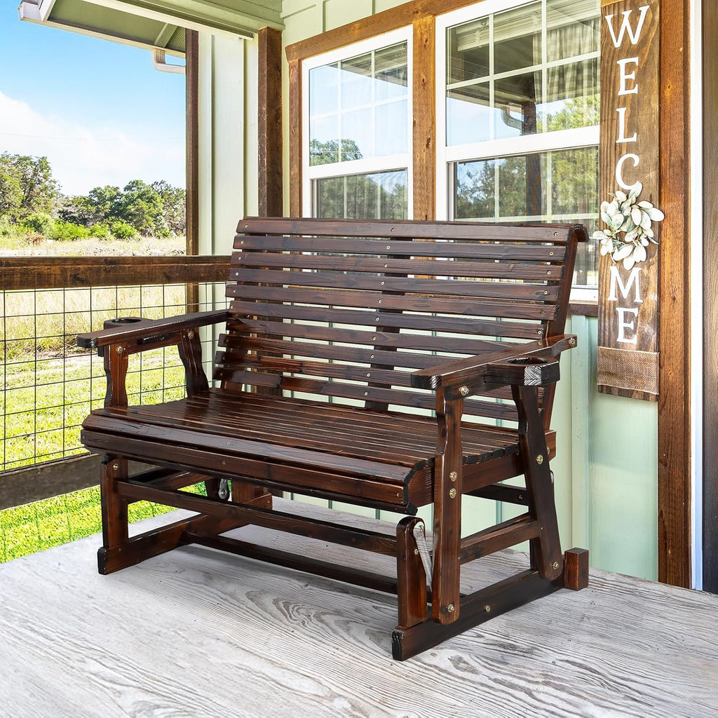VINGLI Outdoor Glider Wood Patio Chair with Cup Holders, Outdoor Bench Glider Loveseat with Smooth Rocking Mechanism, Heavy Duty 800 LBS, Rustic