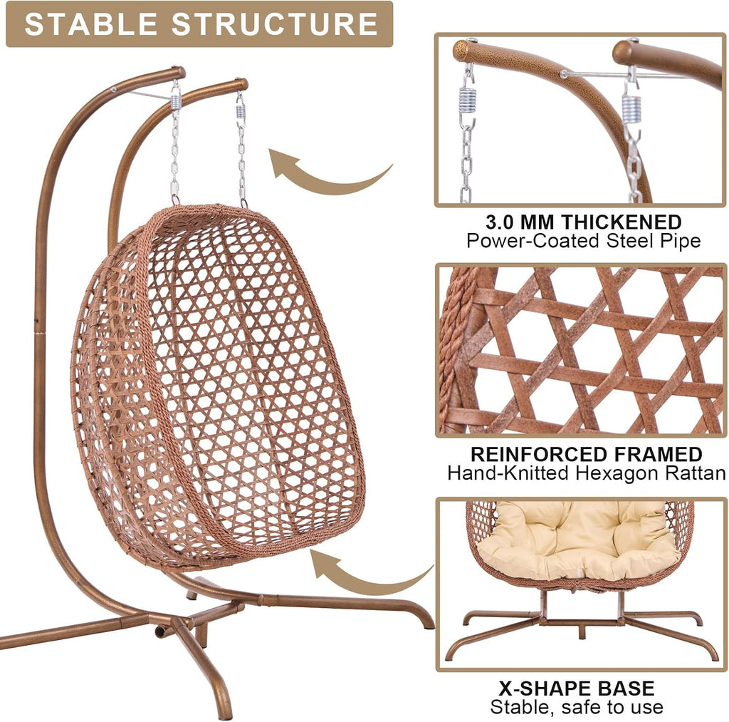Double Swing Egg Chair with Stand, Foldable Wicker Hanging Swing for Outdoor Garden Patio, 2 Person Egg Chair Loveseat with Removable Cushions (Beige)