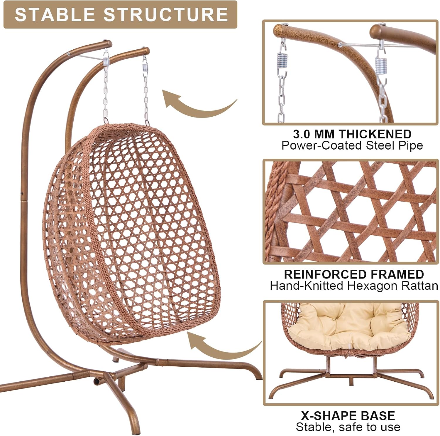 Double Swing Egg Chair with Stand, Foldable Wicker Hanging Swing for Outdoor Garden Patio, 2 Person Egg Chair Loveseat with Removable Cushions (Beige)