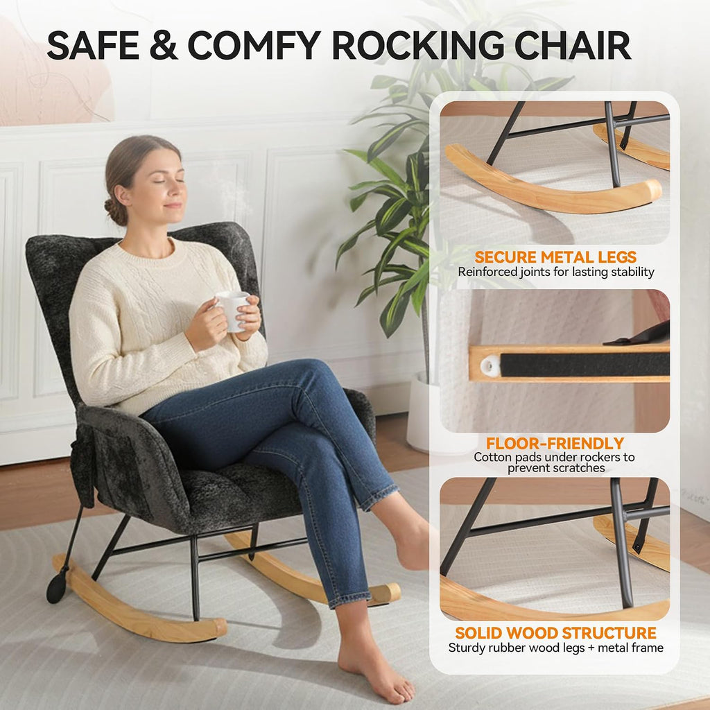 Rocking Chair with Airbag, Comfy Modern Reading & Nursing Nursery Rocking Chair indoor, Cozy Upholstered Glider Rocker Chairs with High Backrest for Living Room Bedroom Offices(Chenille, Black)