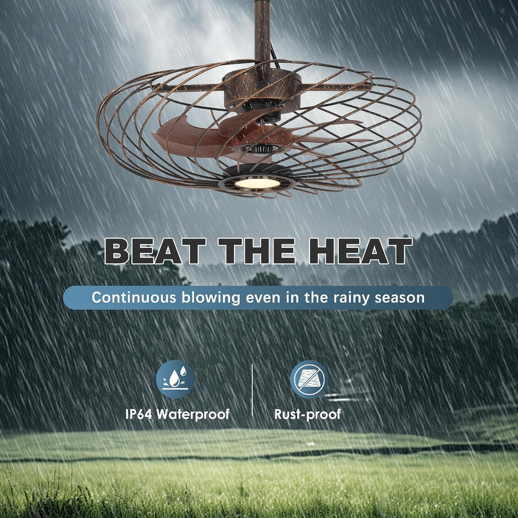 20' Outdoor Ceiling Fan with Light, Waterproof Gazebo Fan Remote Control, Dimmable LED Light, Hanging Black Caged Ceiling Fixtures with Plug in Cord for Patios Pergola, Black Gold