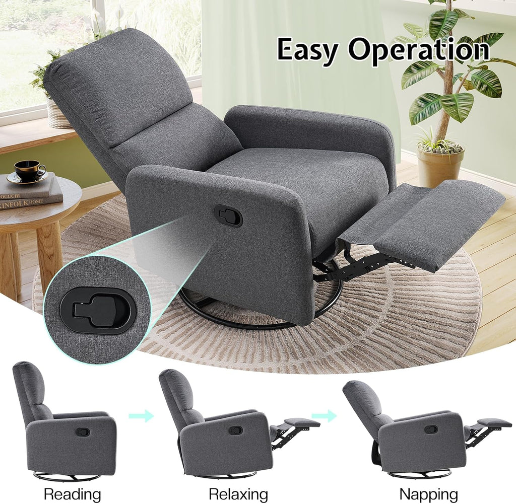 Jocisland Swivel Rocker Recliner Chair for Adults, Nursery Rocking Reclining with High Back, Small Glider for Small Spaces/Living Room/Bedroom/Nursing, Gray Linen (No Side Pockets)