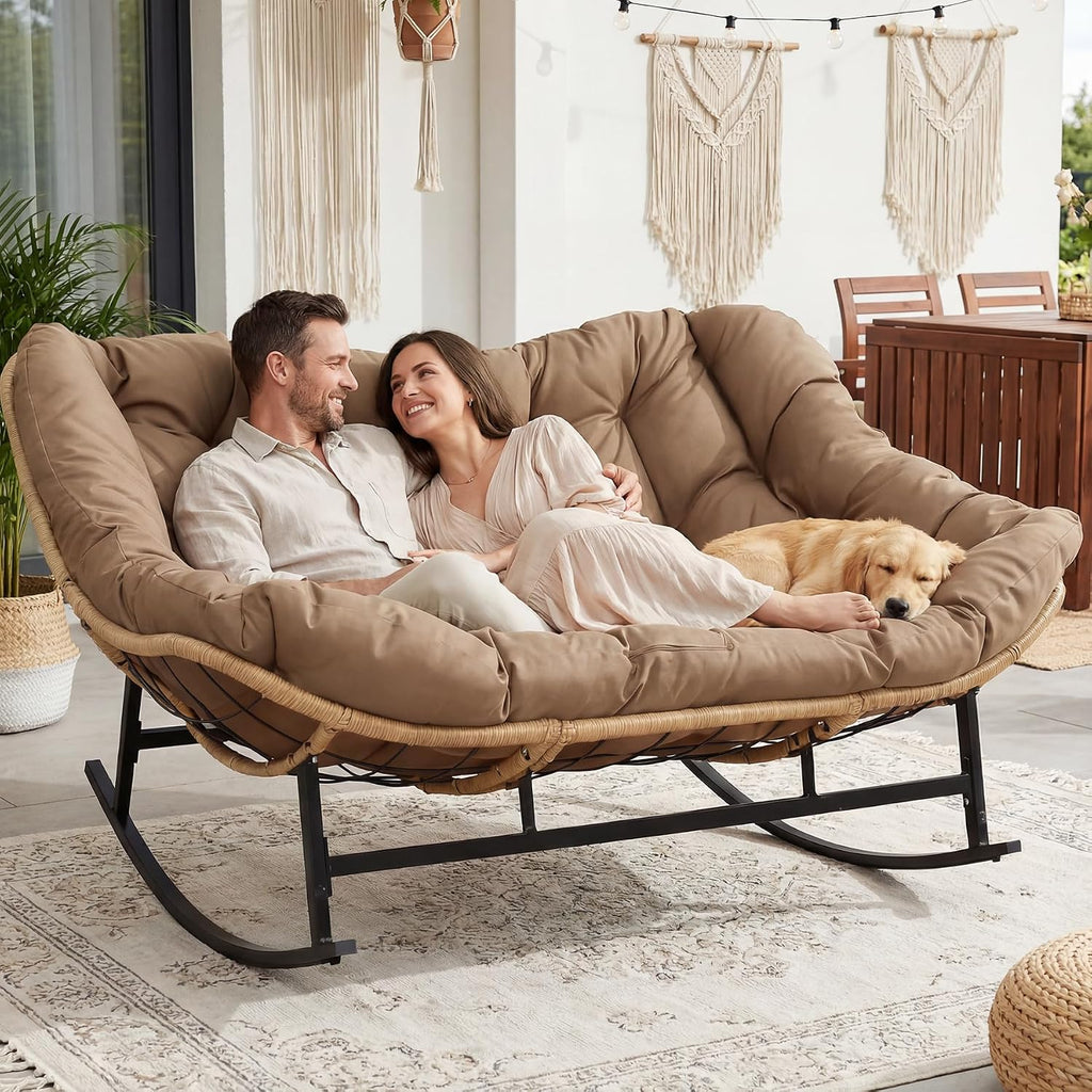 RADIATA Double Rocking Chair, Oversized Egg Rocking Chairs for 2 Person, Large Wide Papasan Loveseat with Cushion and Frame, Comfort Outdoor Furniture for Reading/Relaxing Patio Garden Backyard Brown