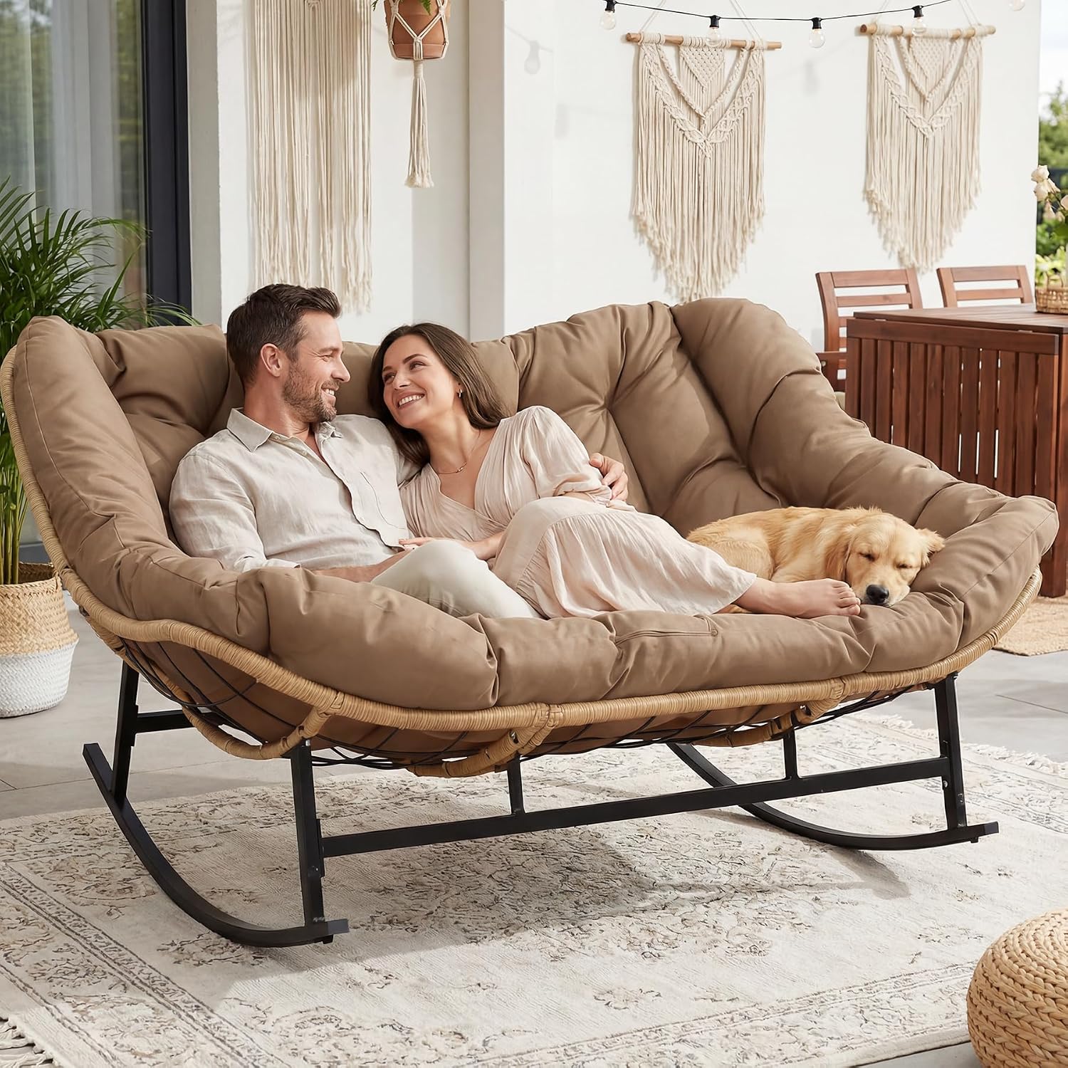 RADIATA Double Rocking Chair, Oversized Egg Rocking Chairs for 2 Person, Large Wide Papasan Loveseat with Cushion and Frame, Comfort Outdoor Furniture for Reading/Relaxing Patio Garden Backyard Brown