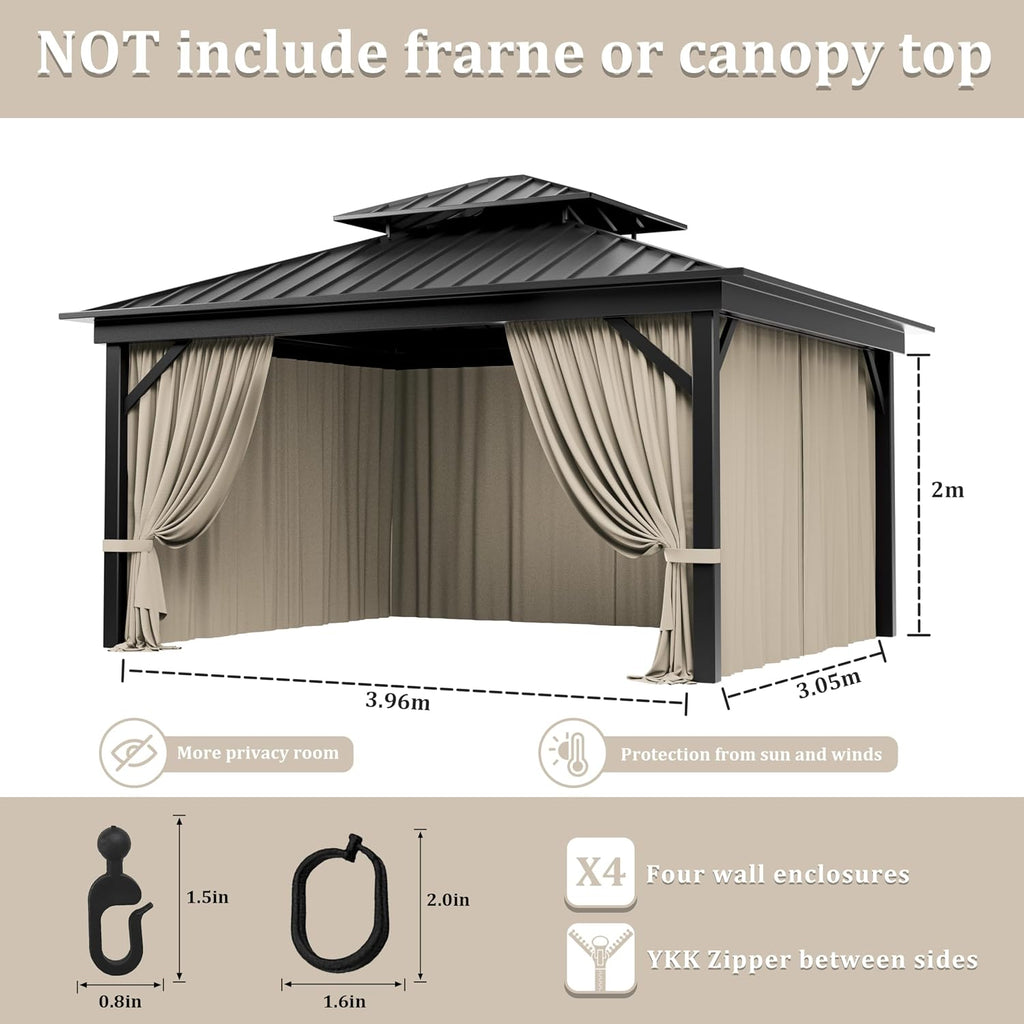 Outdoor Gazebo Curtain Replacement Universal 4-Panel Sidewalls 10' X 13',Outdoor Patio Waterproof Privacy Curtain with Double Zipper for Patio,Garden, and Backyard (Curtain Only)