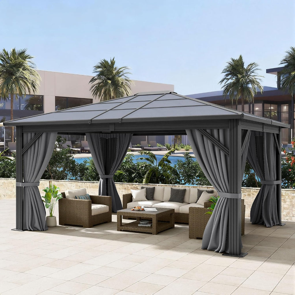 DWVO 10x12ft Gazebo Hardtop Single Roof Polycarbonate Canopy Outdoor with Netting and Shaded Curtains, Metal Frame Garden Tent for Patio, Backyard, Deck and Lawns, Gray