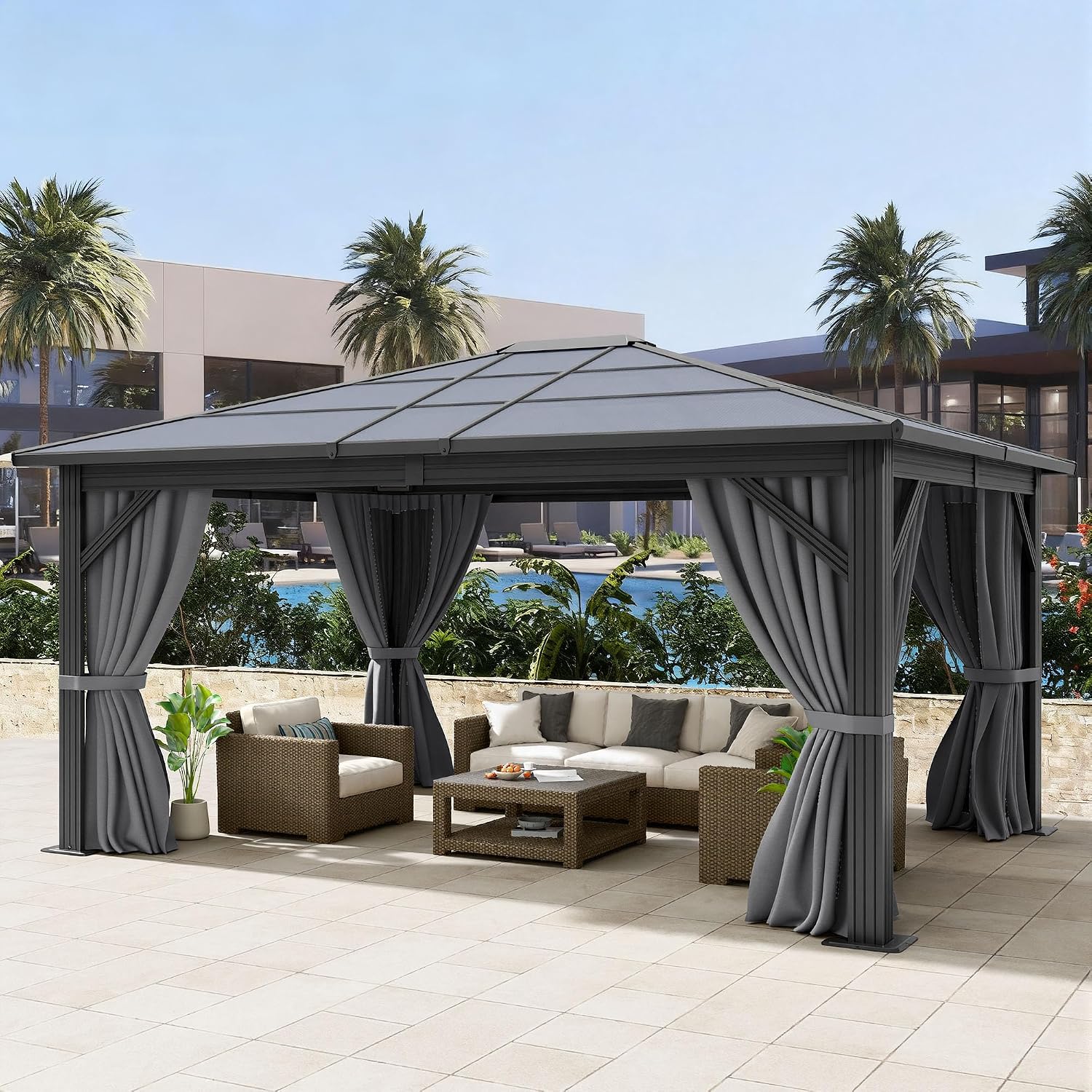 DWVO 10x12ft Gazebo Hardtop Single Roof Polycarbonate Canopy Outdoor with Netting and Shaded Curtains, Metal Frame Garden Tent for Patio, Backyard, Deck and Lawns, Gray