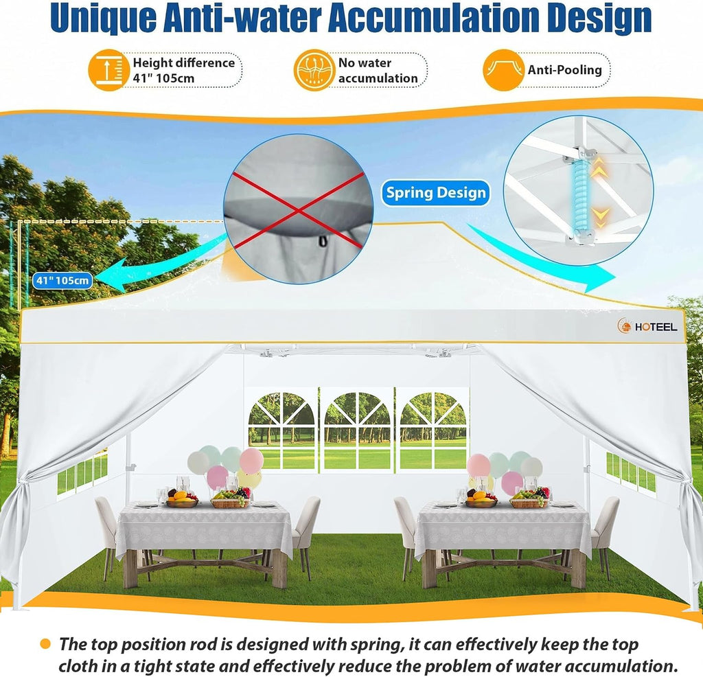 HOTEEL 10x15 Heavy Duty Pop up Canopy Tent for Parties with 4 Sidewalls, Easy Setup Outdoor Commercial Instant Gazebo for Wedding Event, with Roller Bag & Sand Bags, White(Hexagonal Frame)