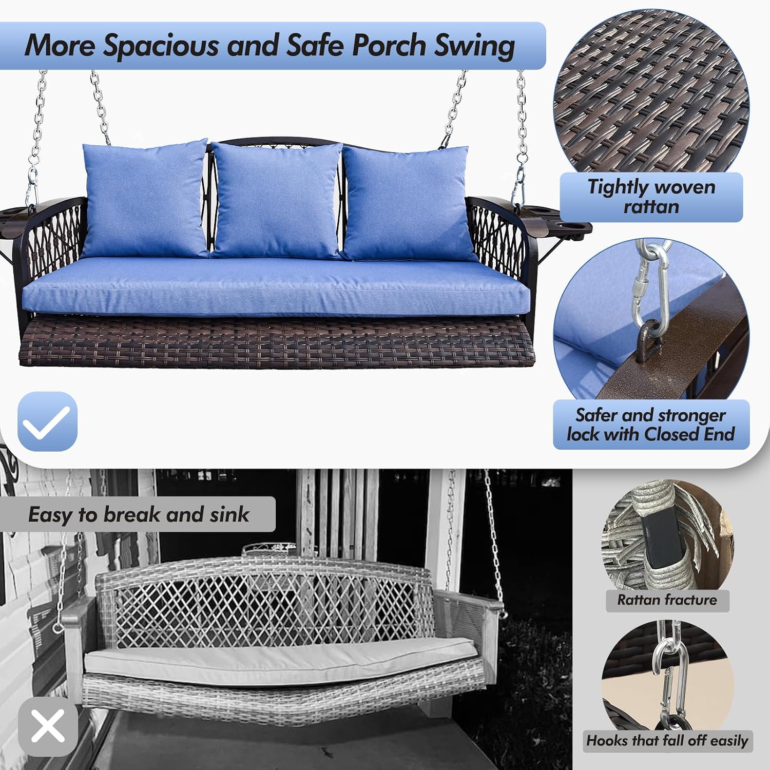 ZZW Wicker Porch Swing Heavy Duty 900 LBS 3-Seat Outdoor Patio Swing Chair with Cushions & 8.9ft Chains Outdoor Hanging Bench with Upgraded Cup Holders for Garden Deck Backyard