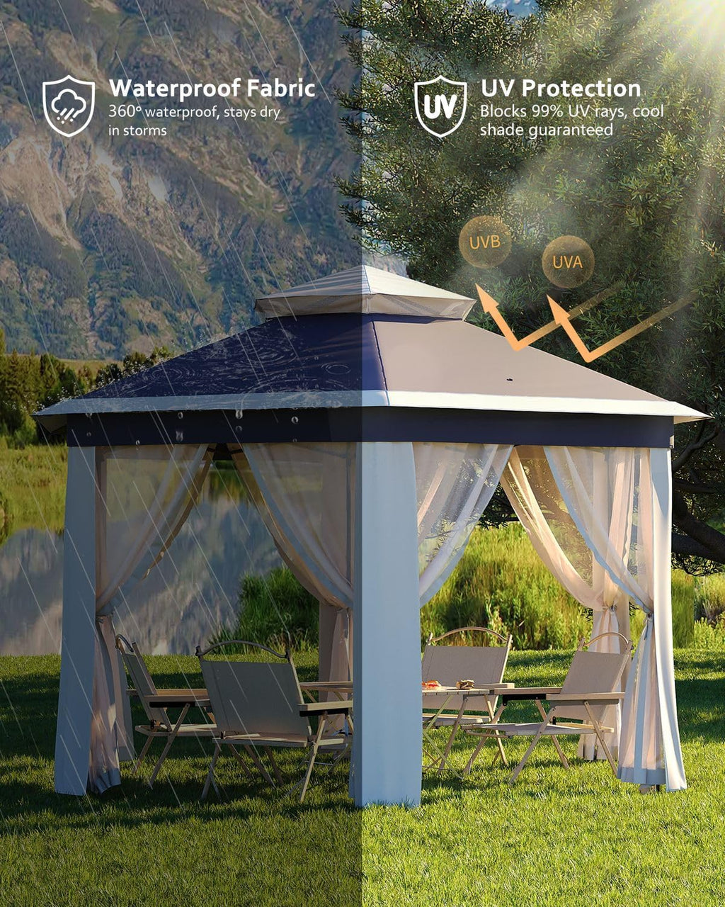 Pop Up Gazebo 13x13, Outside Canopy Tent-6 Side with Mosquito Netting, One Push Setup for Backyard Patio Garden Activities-Blue