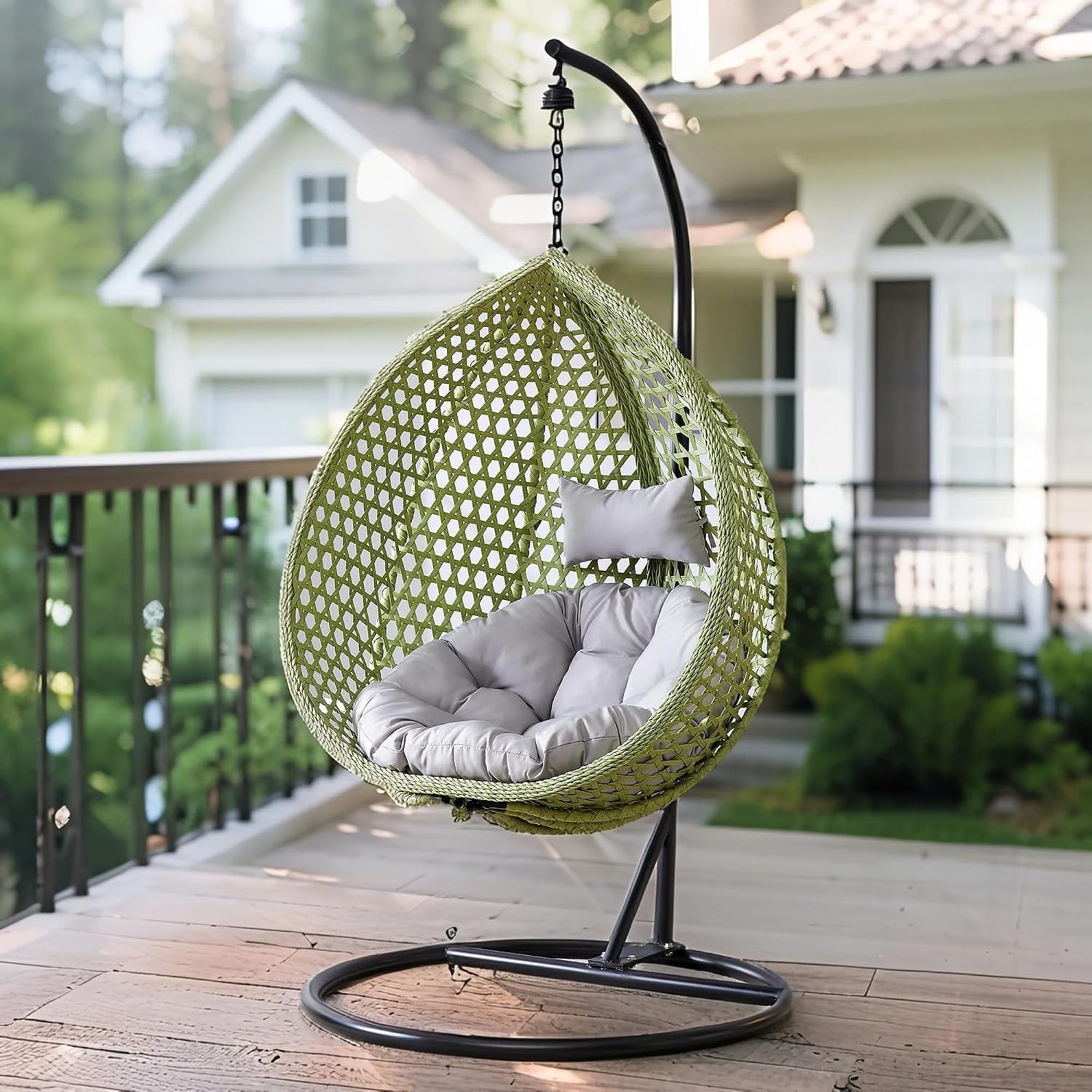 Egg Swing Chair with Stand Outdoor Indoor, Hanging Egg Chair with Cushions and Pillow,300lbs Capacity for Porch, Patio,Garden, Bedroom, Balcony,Green