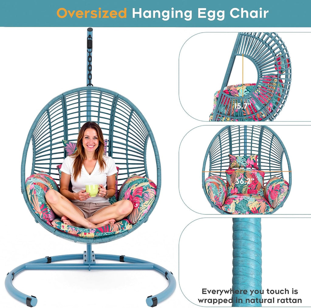 Hanging Egg Chair with Stand, Outdoor Swing Egg Chair with Rain Cover, 400 LBS Capacity All-Weather PE Wicker Swing Chair with Waterproof Cushions