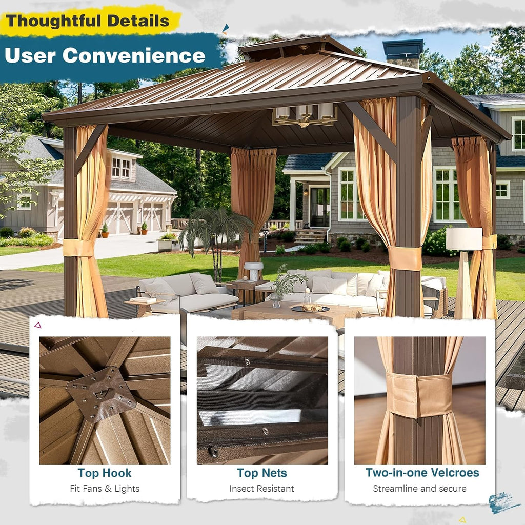 MELLCOM 12'x12' Hardtop Gazebo, Metal Double Roof Aluminum Gazebos with Curtain and Netting,Brown Permanent Galvanized Steel Pavilion for Patio, Lawn & Deck