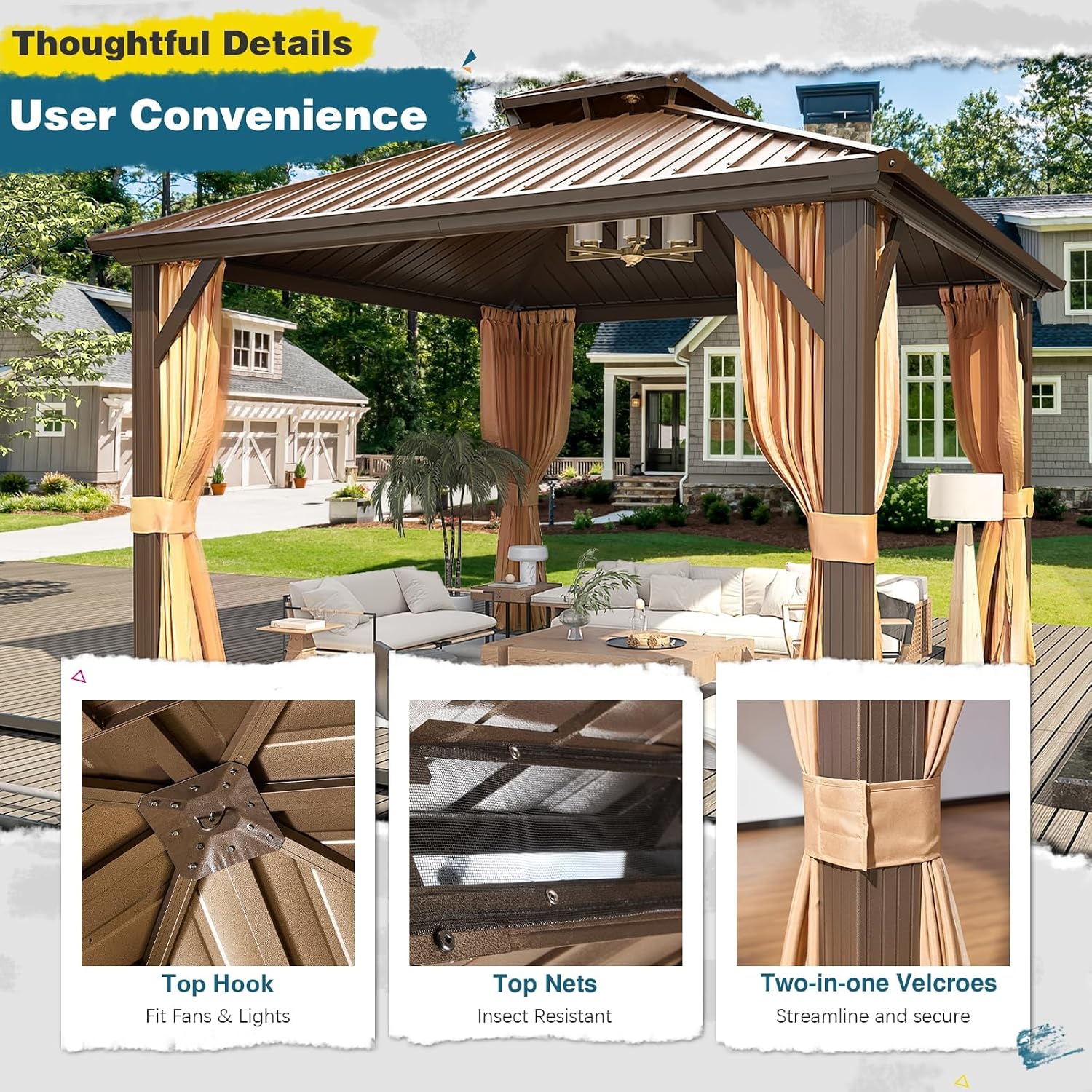 MELLCOM 12'x12' Hardtop Gazebo, Metal Double Roof Aluminum Gazebos with Curtain and Netting,Brown Permanent Galvanized Steel Pavilion for Patio, Lawn & Deck