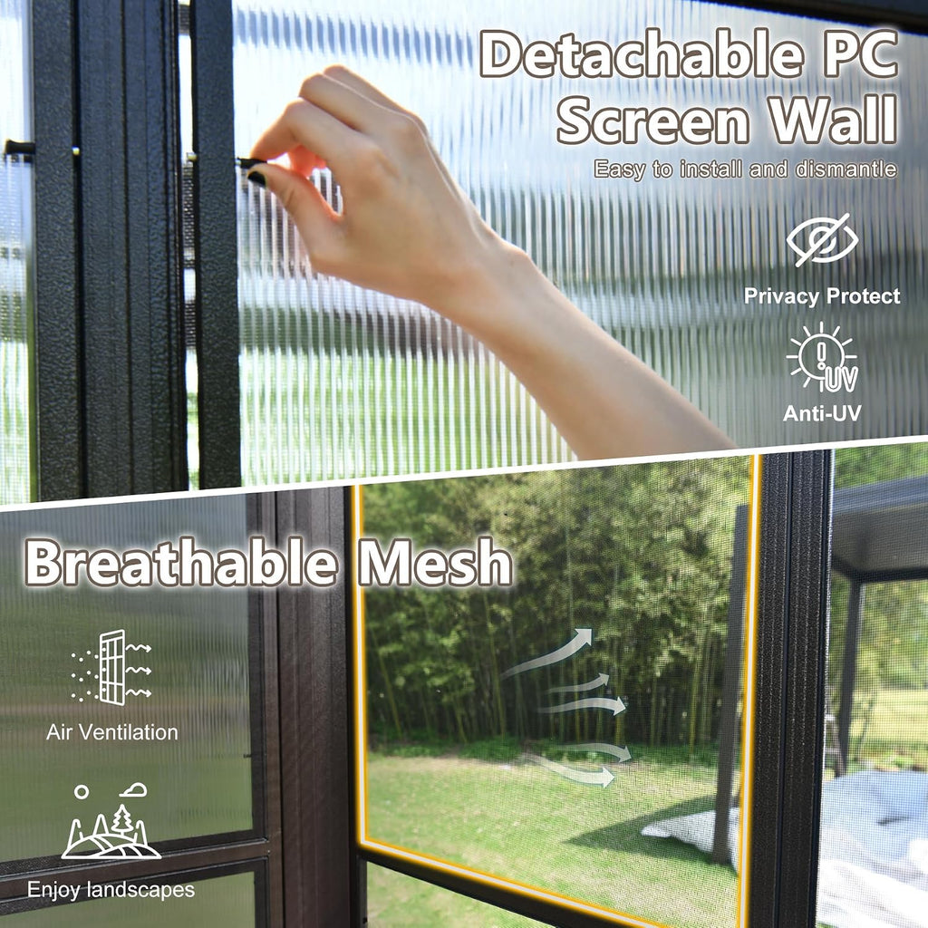Domi Lean-to Sunroom 10x12FT, Wall Mounted Solarium with Sloping Polycarbonate Roof, Detachable Polycarbonate Screens, 2 Lockable Sliding Doors, Aluminum Gazebo Against Wall Sun Room for Patio Deck