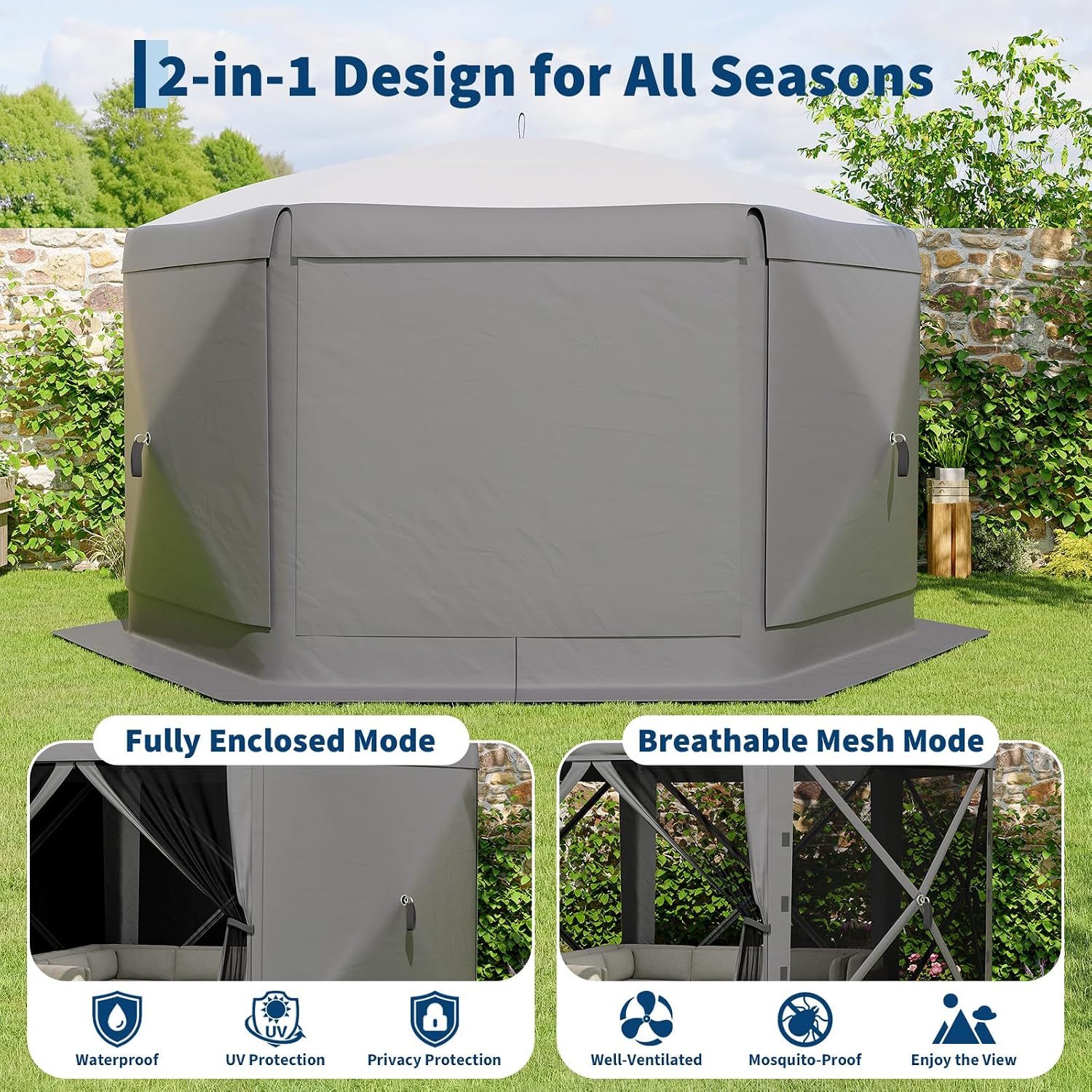 GarveeLife 11.5x11.5FT 6-Sided Pop Up Gazebo Tent，One-Push Setup Canopy Tent with Mesh Panels & Removable Wind Cloths, Outdoor shelter for Camping, Backyard Parties, Outdoor Events - Grey