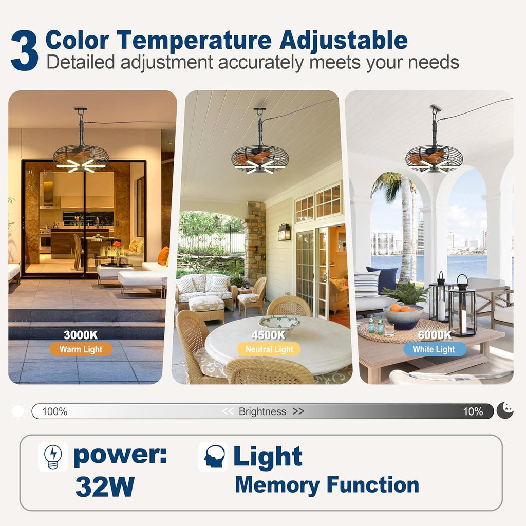 Coolbull 20'' Outdoor Ceiling Fan with Light, Wet Rated Gazebo Fan, Plug in Ceiling Fan, Hanging with Hook, Remote&APP, 6 Speeds, with Wood Blades