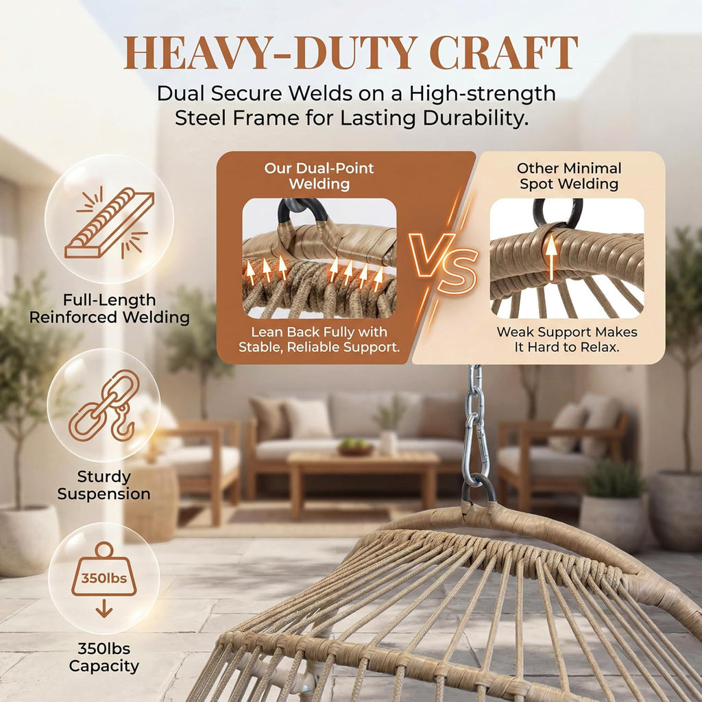 RADIATA All-Weather Swing Egg Chair No Stand, 350lbs Outdoor Sturdy Wicker Hammock Seat with Cushions, Comfy Portable Hanging Egg Basket Seat for Balcony Patio Bedroom Tree or Ceiling, Beige