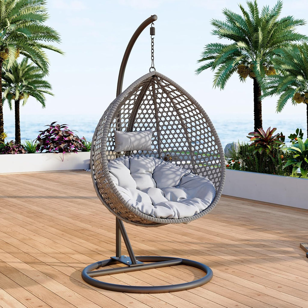 Egg Swing Chair Outdoor with Stand, Hanging Egg Rattan Basket Chair with Cushion and Pillow, Lounge Chairs for Backyard Sunroom Patio Balcony Bedroom (Grey)