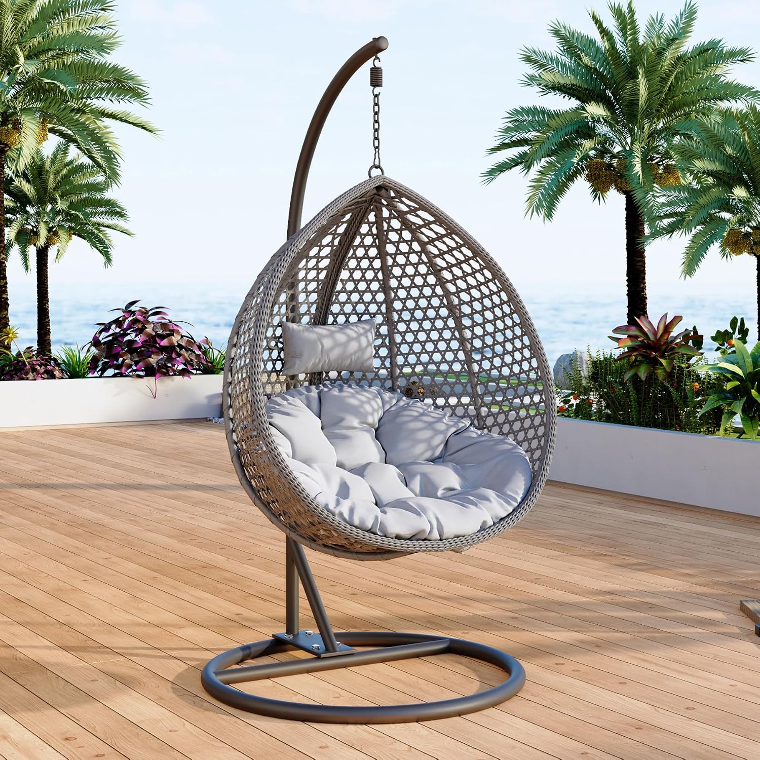 Egg Swing Chair Outdoor with Stand, Hanging Egg Rattan Basket Chair with Cushion and Pillow, Lounge Chairs for Backyard Sunroom Patio Balcony Bedroom (Grey)
