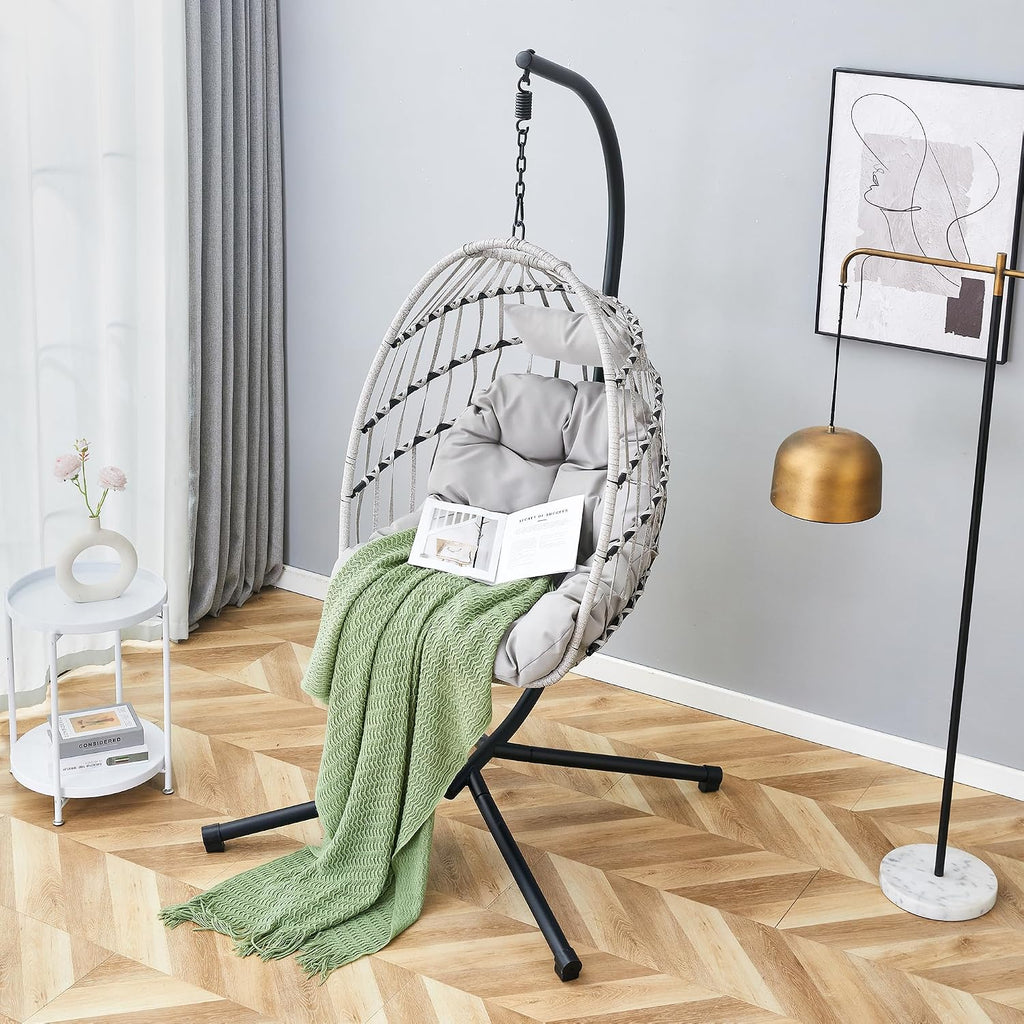 Swing Egg Chair with Stand, Outdoor Hanging Chair with Cushion and Headrest, Rattan Egg Chair for Backyard, Balcony, Indoor, 300lbs Capacity, Grey