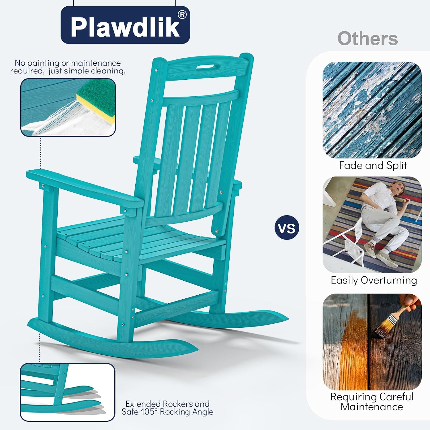 Plawdlik Oversized Outdoor Rocking Chair - All-Weather Resistant,HDPE Heavy Duty Patio Rockers with High Back - Perfect for Porch,Garden,Modern Style Set of 2-Aruba