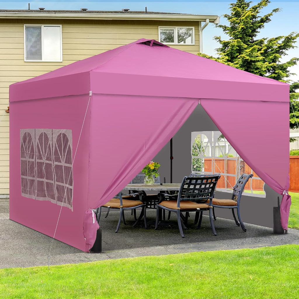 GDY 10x10 Pop Up Canopy Tent with 4 Sidewalls, Easy Set up with One Push Lift Outdoor Silver Coated Beach Gazebos, Carpas with 4 Sandbags, for Outdoor, Parties,Camping, Light Pink.