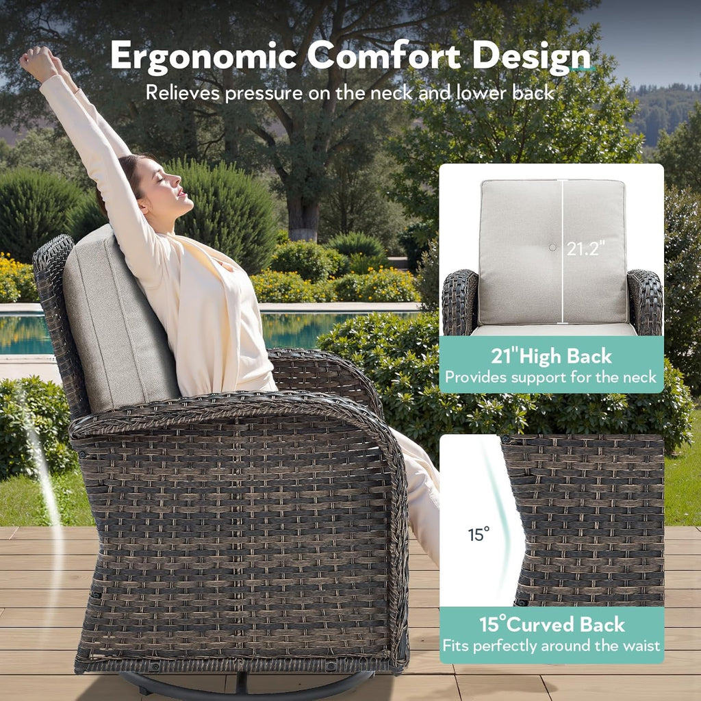 5 Piece Patio Furniture Set - Wicker Patio Conversation Set with Swivel Glider, Loveseat Bench, Tempered Glass Side Table and Coffee Table for Deck Backyard - Brown Wicker Beige Cushion