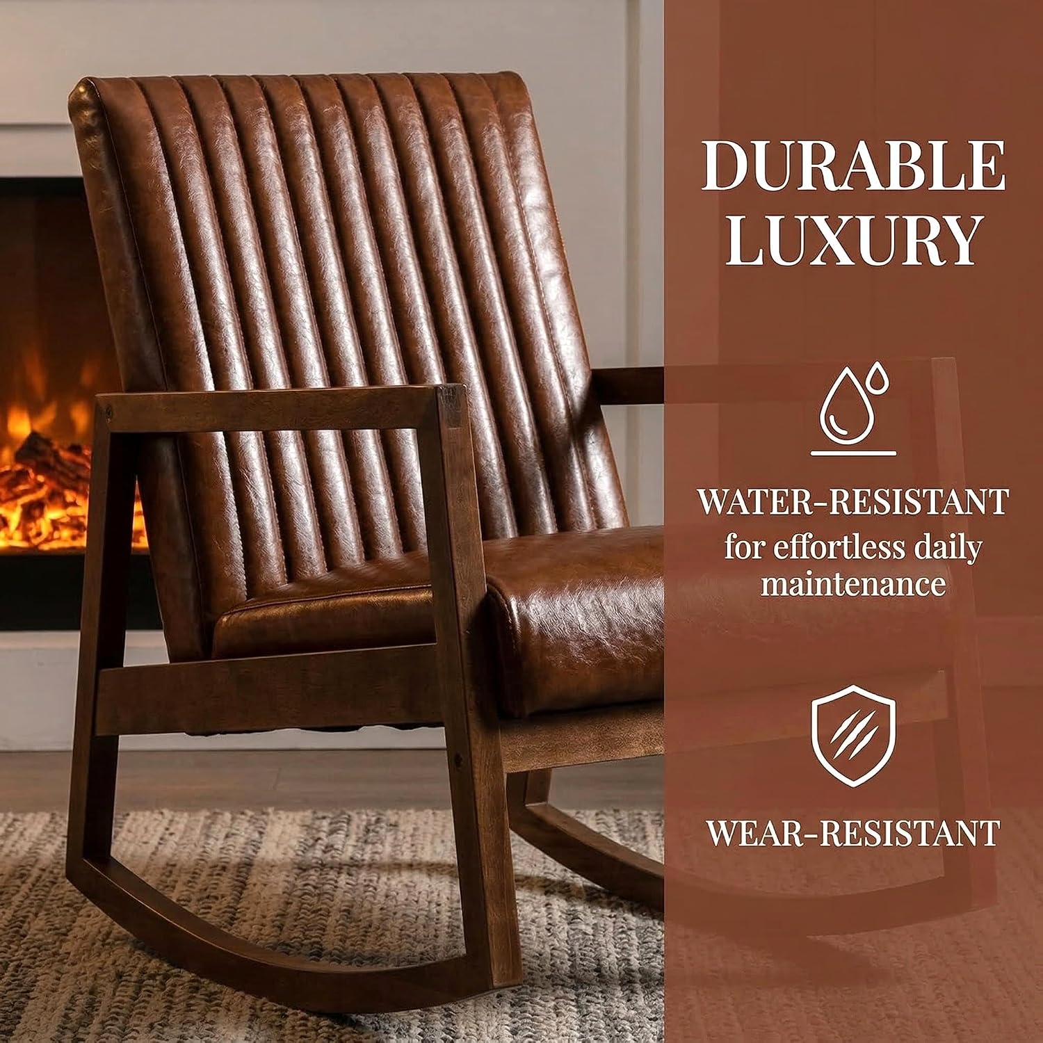 VESCASA Upholstered Rocking Chairs with Channel-Tufted Back, Mid-Century Modern Comfy Oil Wax PU Leather Rockers with Black Walnut Wood Frame for Nursery Living Bedroom Indoor, Set of 2, Brown