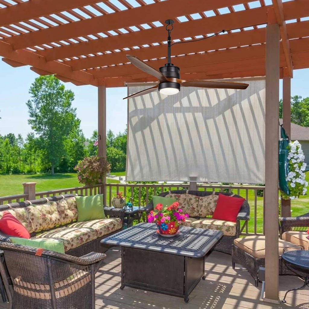 EKIZNSN 42' Wet Rated Ceiling Fans with Lights Outdoor Hanging for Gazebo Waterproof, DC Motor w 3 Reversible Walnut Wood Blades, Walnut