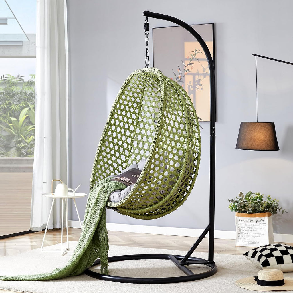 Egg Chair Indoor Outdoor, Hanging Chair for Bedroom, Swing Chair Hammock with Stand & Cushions, Comfy Swinging Chair Adult Reading Chair for Patio Balcony Backyard, Heavy Duty 350LBS, Green