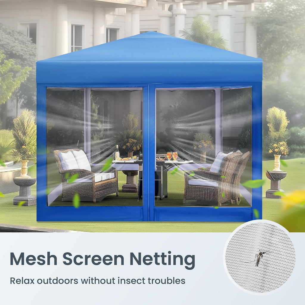 PHI VILLA 10' x 10' Pop Up Canopy Tent with Netting, Instant Gazebo, Ez up Screen Party Tent House Room with Carry Bag, Height Adjustable, for Outdoor, Garden, Blue