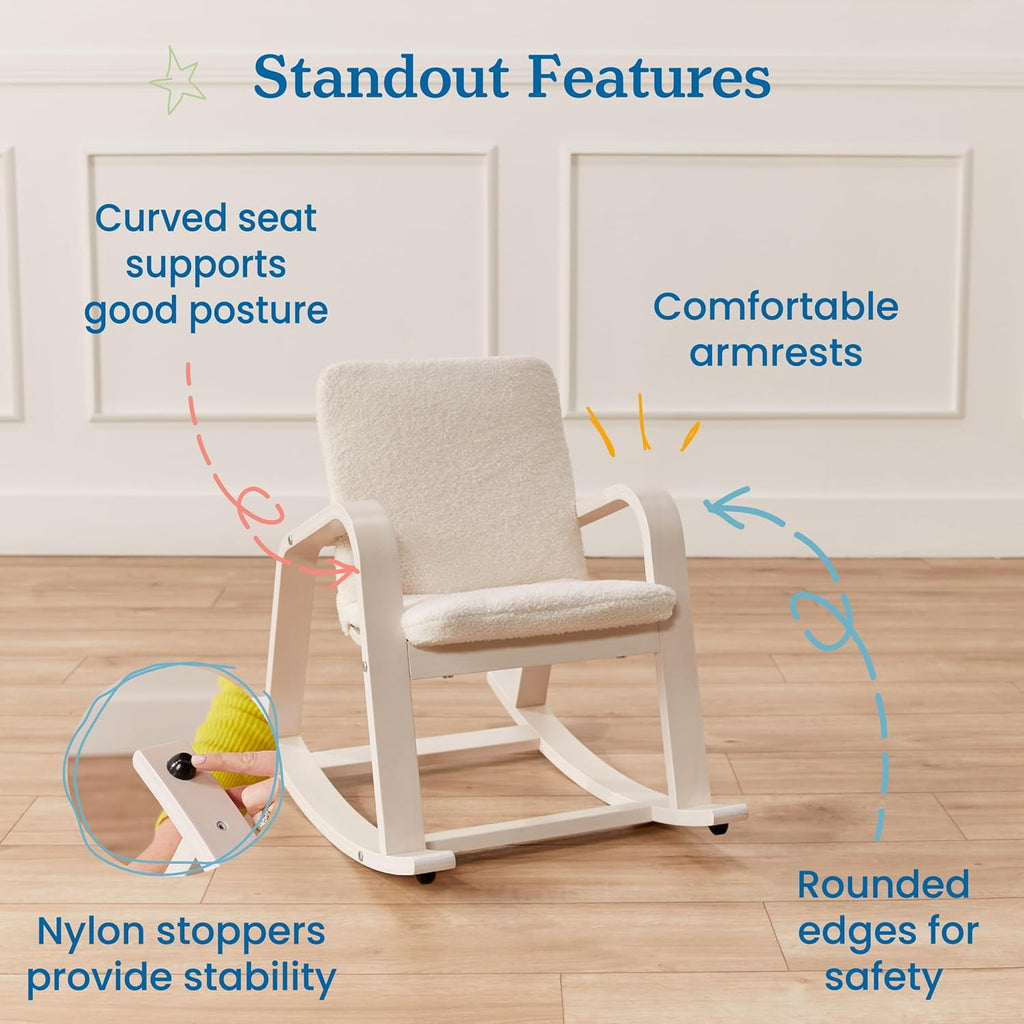 ECR4Kids Bentwood Reading Rocking Chair with Armrests and Cushion, Montessori Furniture, White Wash