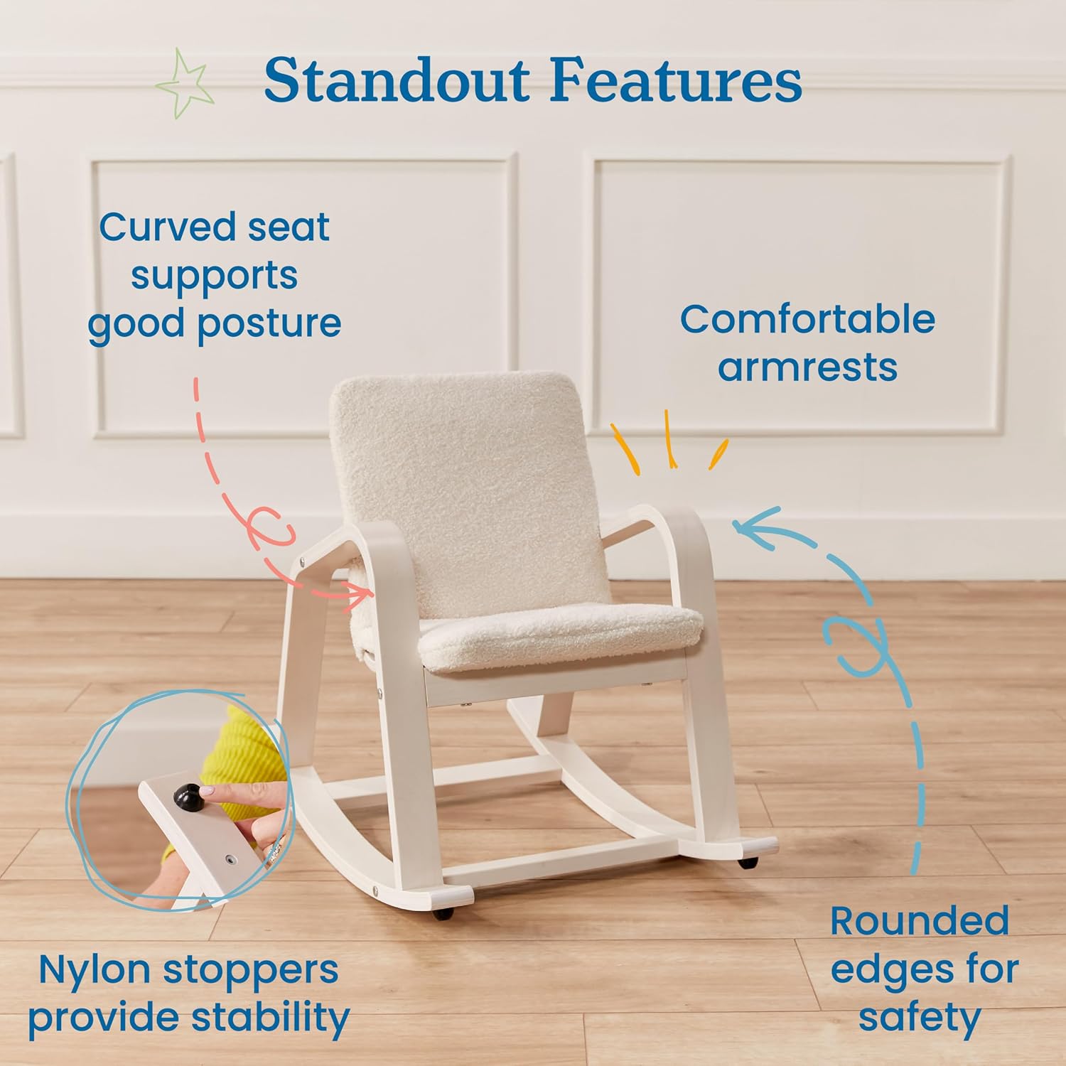 ECR4Kids Bentwood Reading Rocking Chair with Armrests and Cushion, Montessori Furniture, White Wash