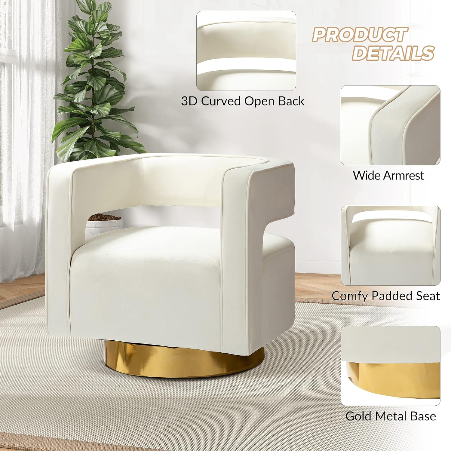 TINA'S HOME Swivel Accent Barrel Chair, Modern Velvet Armchair with 3D Curved Open Back & Swivel Gold Metal Base, Upholstered Club Chair for Living Room Bedroom Nursery, Ivory(No Assembly Required)
