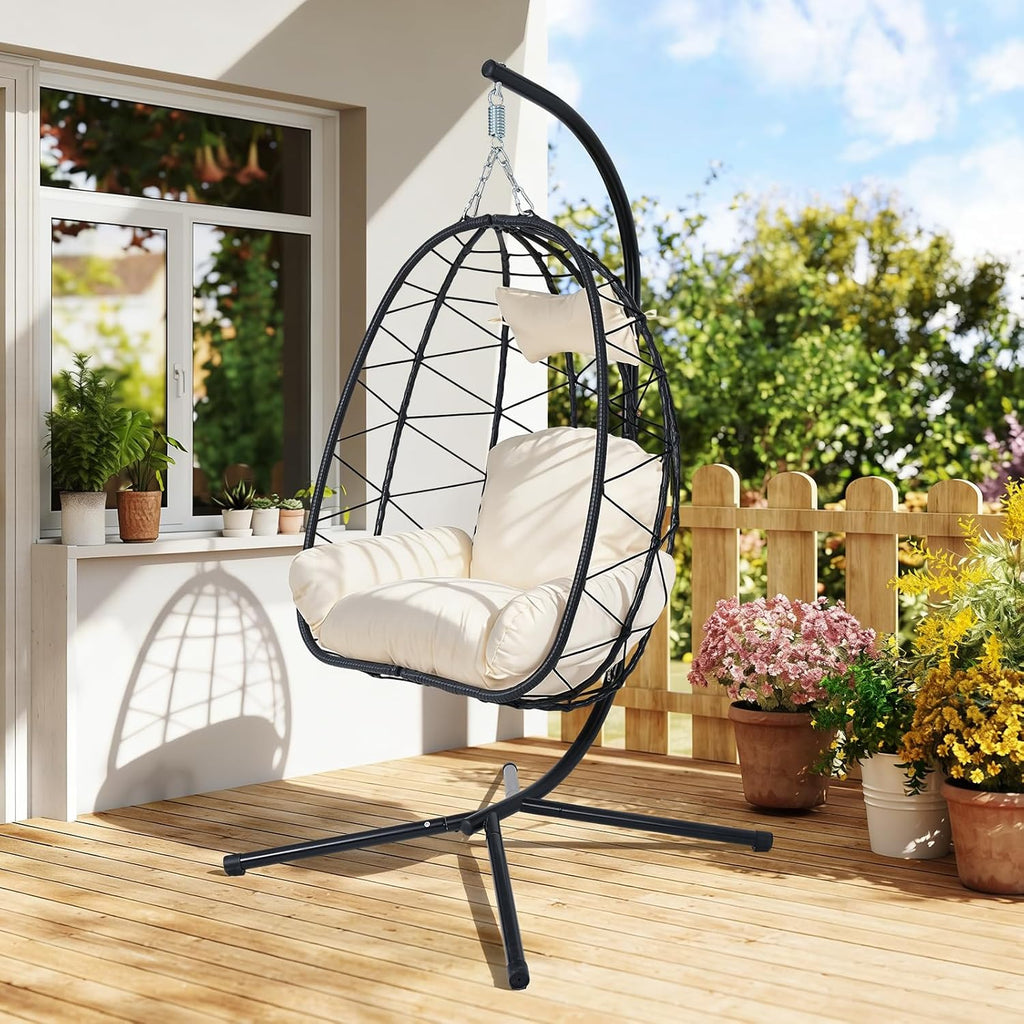 Egg Chair with Stand, Wicker Hanging Chair for Outdoor Patio, Cushioned Hammock Swing for Bedroom Garden Indoor/Outdoor, Double-Zipper Structure Hanging Egg Chair (Black and White)