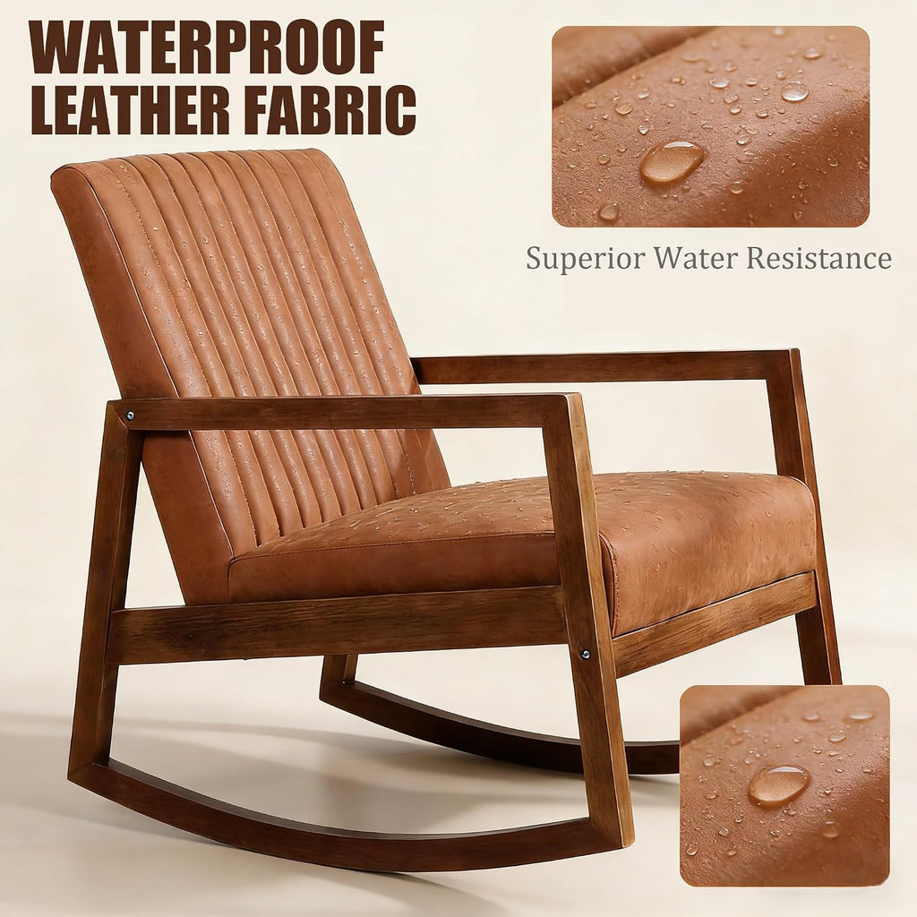 VESCASA Brown Faux Leather Rocking Chair with Channel-Tufted Back, Mid-Century Modern Comfy Rocker with Walnut Wood Frame for Nursery Living Room Bedroom Indoor, Burnt Orange Upholstered Chair