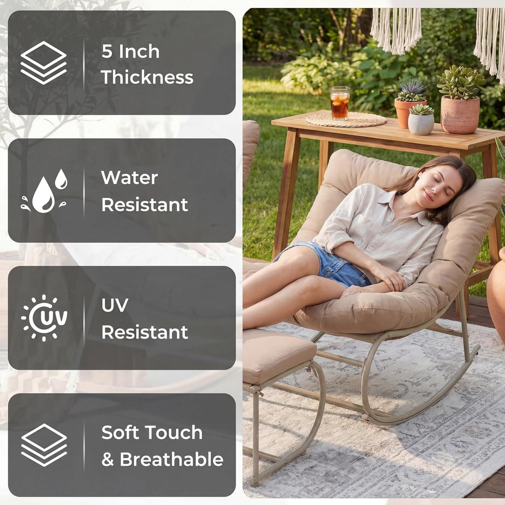 Oversized Double Papasan Rocking Chair Set of 2 with Ottoman, Egg Shaped Patio Lounge Chair with Thick Soft Cushion, Outdoor Relaxation Furniture for Porch, Backyard, Garden, Khaki