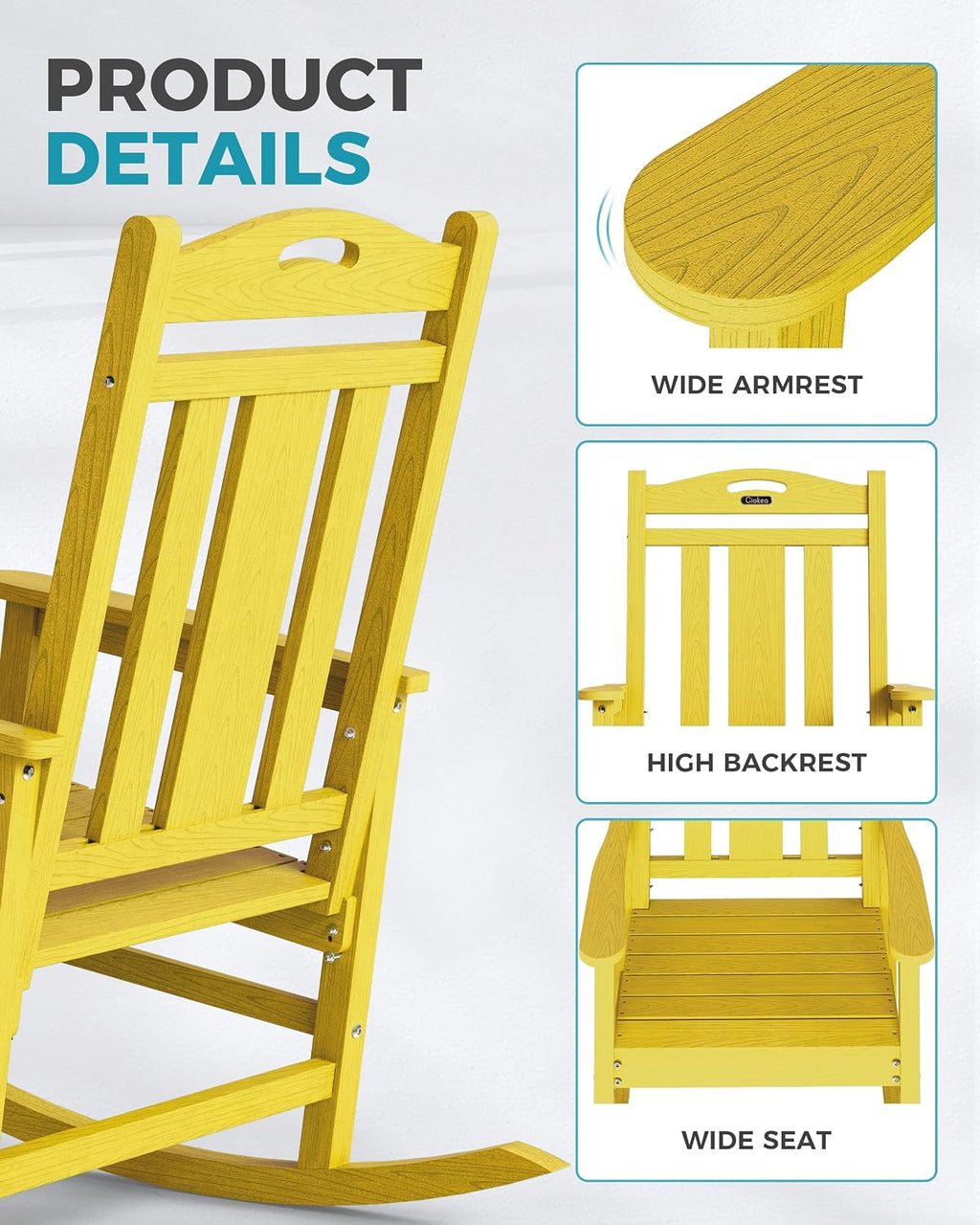 Ciokea Oversized Outdoor Rocking Chair, 380lbs Heavy-Duty Large Patio Rocker, Weather Resistant & Anti-Fade Porch Chair, High Back Cozy Rocking Chair for Outside, Fire Pit, Deck, Garden, Citron Yellow