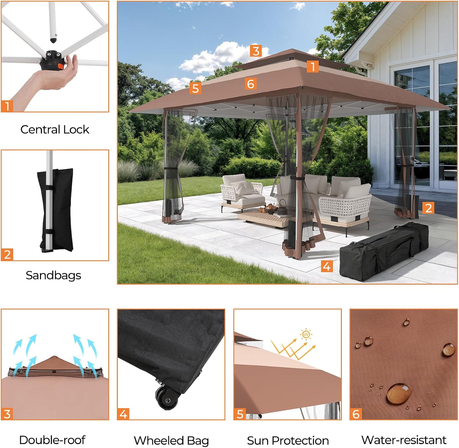 11x11 Pop Up Gazebo Outdoor Canopy Shelter with 4 Sandbags, Instant Patio Gazebo Sun Shade Canopy Tent, Double Tiers & Mesh Netting for Lawn, Garden, Backyard & Deck, Coffee