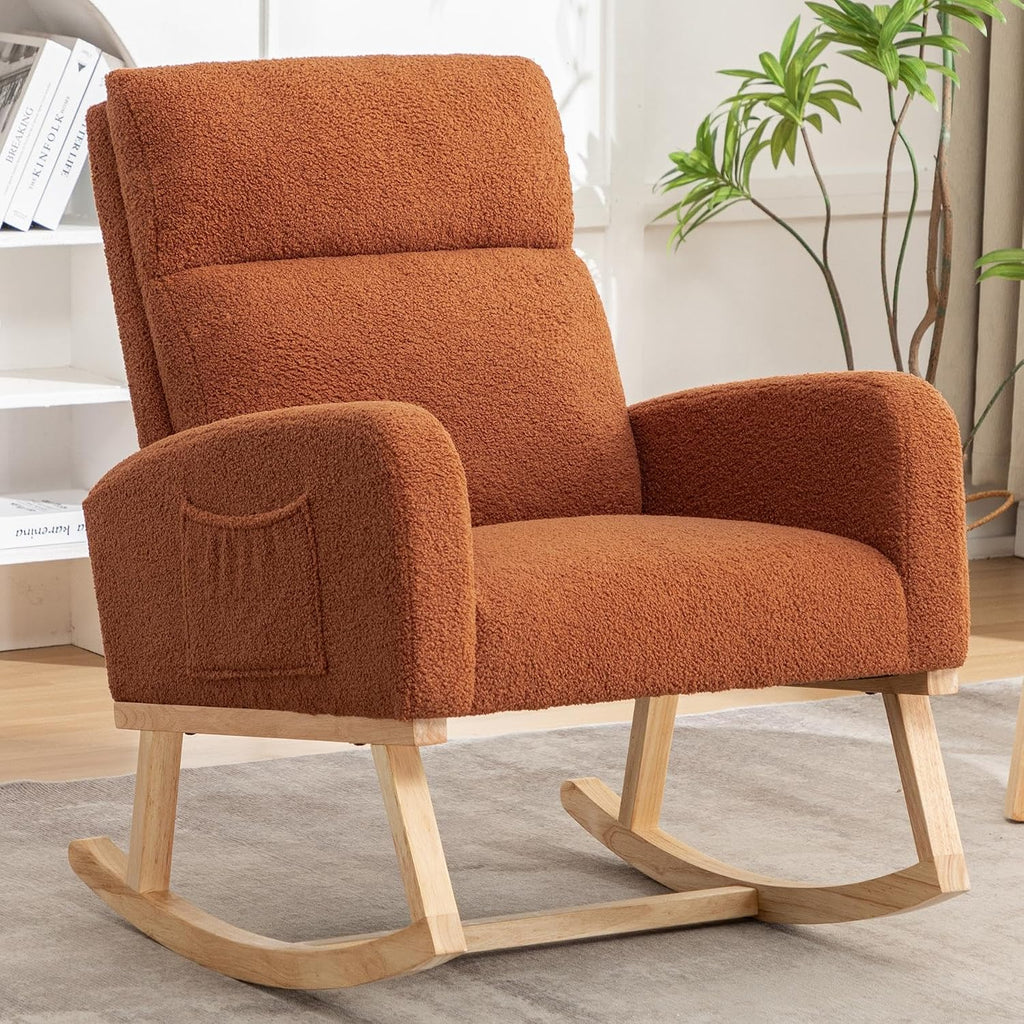 HCHAIRH Rocking Chair Nursery, Sherpa Nursing Rocking Chairs, Upholstered Nursery Glider Rocker for Mom Nursery Morden Accent Rocking Chair with Side Pocket for Living Room,Bedroom,Teddy Brown