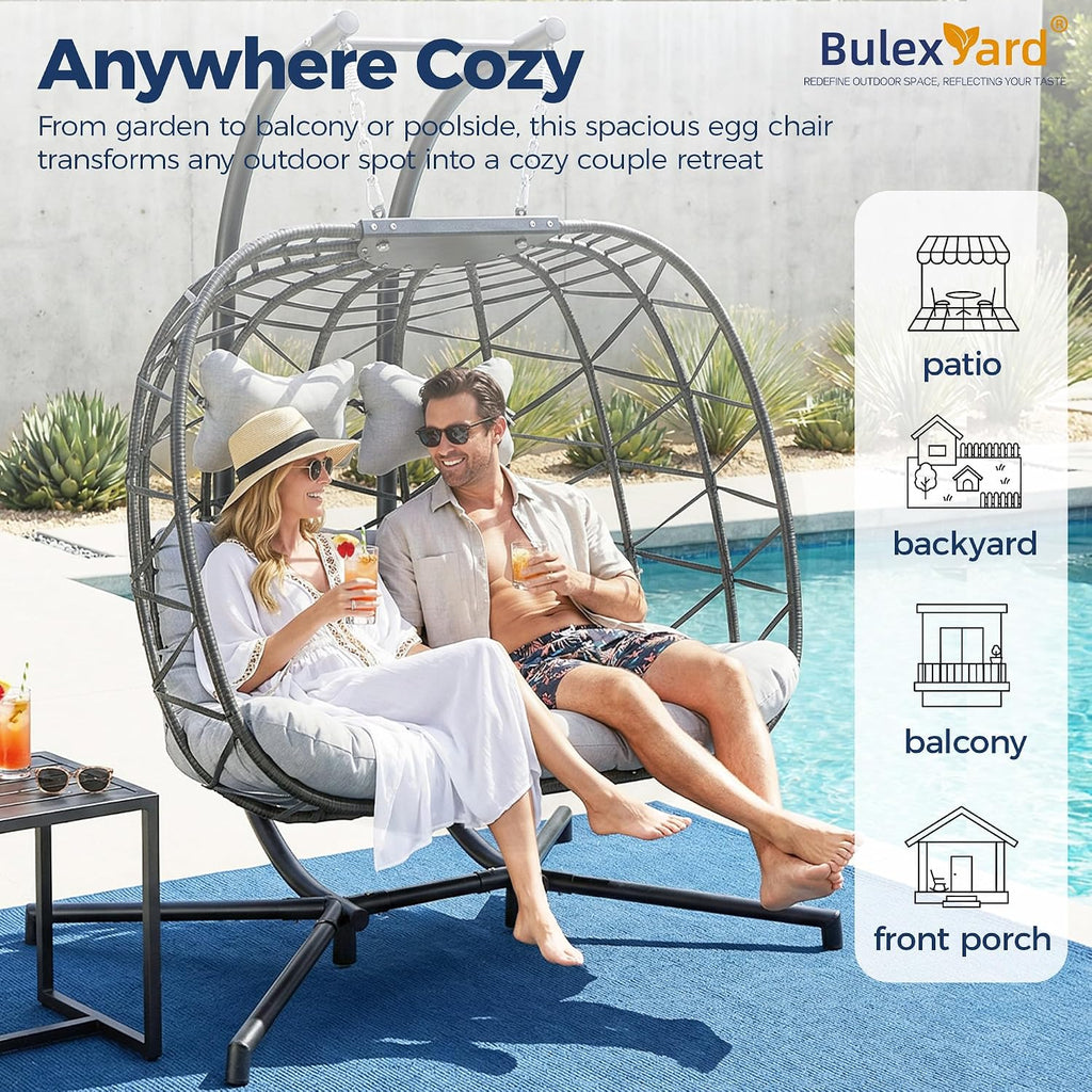 BULEXYARD Outdoor Double Egg Swing Chair with Stand, Extra Large 2 Seater Wicker Hammock Loveseat with Cushion, Oversized Hanging Patio Chair for Bedroom Porch Living Room Backyard, Light Grey