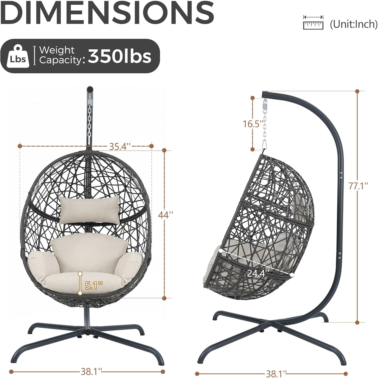 NICESOUL Oversized Patio Swing Egg Chair, Rattan Outdoor Indoor Hanging Egg Chair with Stand, Cozy Bird Cage Swinging Basket Chairs, 350 lbs Egg-Shape Padded Seat for Balcony Outside, Beige