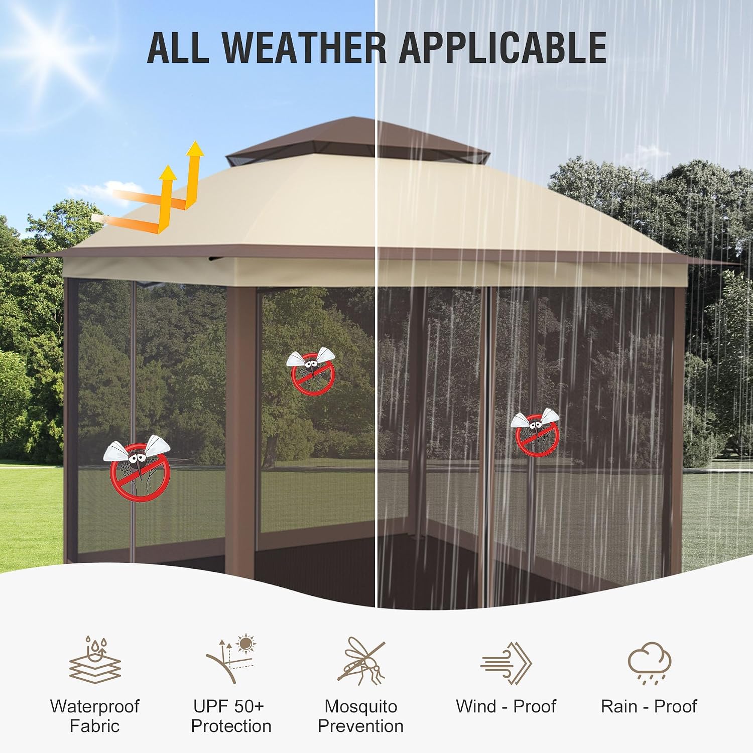 Pop Up Gazebo 11x11, Outdoor Instant Canopy Shelter Tent with Mosquito Netting Metal Frame Storage Bag for Patio Garden Backyard.(Beige)